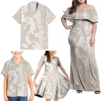 Suede Beige Hawaii Anthurium Plumeria Lei Family Matching Off Shoulder Maxi Dress and Hawaiian Shirt LT9 - Polynesian Pride