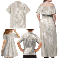 Suede Beige Hawaii Anthurium Plumeria Lei Family Matching Off Shoulder Maxi Dress and Hawaiian Shirt LT9 - Polynesian Pride