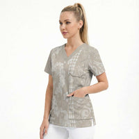 Suede Beige Hawaii Anthurium Plumeria Lei Scrub Top