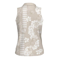 Suede Beige Hawaii Anthurium Plumeria Lei Women Sleeveless Polo Shirt