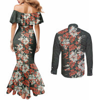 Hawaii Tartan With Hibiscus Couples Matching Mermaid Dress and Long Sleeve Button Shirt Polynesian Pattern Vintage