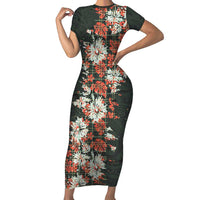 Hawaii Tartan With Hibiscus Family Matching Short Sleeve Bodycon Dress and Hawaiian Shirt Polynesian Pattern Vintage LT9 Mom's Dress Dark Green - Polynesian Pride