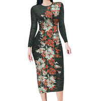 Hawaii Tartan With Hibiscus Long Sleeve Bodycon Dress Polynesian Pattern Vintage