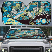 Japanese Hawaiian Crane Auto Sun Shade Blue Tapa Patchwork Pattern