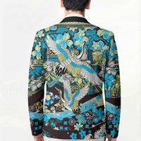 Japanese Hawaiian Crane Blazer Blue Tapa Patchwork Pattern