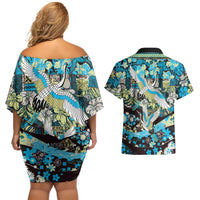 Japanese Hawaiian Crane Couples Matching Off Shoulder Short Dress and Hawaiian Shirt Blue Tapa Patchwork Pattern