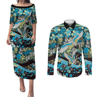 Japanese Hawaiian Crane Couples Matching Puletasi and Long Sleeve Button Shirt Blue Tapa Patchwork Pattern