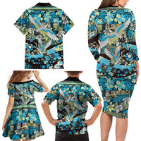 Japanese Hawaiian Crane Family Matching Long Sleeve Bodycon Dress and Hawaiian Shirt Blue Tapa Patchwork Pattern LT9 - Polynesian Pride