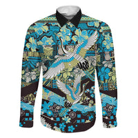 Japanese Hawaiian Crane Family Matching Long Sleeve Bodycon Dress and Hawaiian Shirt Blue Tapa Patchwork Pattern LT9 Dad's Shirt - Long Sleeve Blue - Polynesian Pride