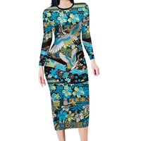 Japanese Hawaiian Crane Family Matching Long Sleeve Bodycon Dress and Hawaiian Shirt Blue Tapa Patchwork Pattern LT9 Mom's Dress Blue - Polynesian Pride