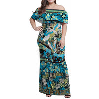 Japanese Hawaiian Crane Family Matching Off Shoulder Maxi Dress and Hawaiian Shirt Blue Tapa Patchwork Pattern