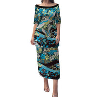 Japanese Hawaiian Crane Family Matching Puletasi and Hawaiian Shirt Blue Tapa Patchwork Pattern