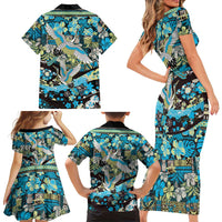Japanese Hawaiian Crane Family Matching Short Sleeve Bodycon Dress and Hawaiian Shirt Blue Tapa Patchwork Pattern LT9 - Polynesian Pride