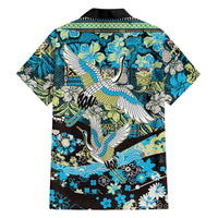 Japanese Hawaiian Crane Family Matching Short Sleeve Bodycon Dress and Hawaiian Shirt Blue Tapa Patchwork Pattern LT9 - Polynesian Pride