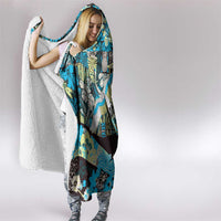 Japanese Hawaiian Crane Hooded Blanket Blue Tapa Patchwork Pattern
