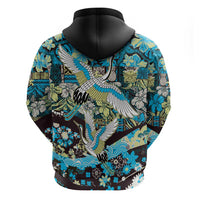 Japanese Hawaiian Crane Hoodie Blue Tapa Patchwork Pattern