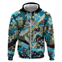 Japanese Hawaiian Crane Hoodie Blue Tapa Patchwork Pattern
