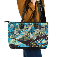 Japanese Hawaiian Crane Leather Tote Bag Blue Tapa Patchwork Pattern
