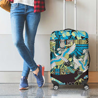 Japanese Hawaiian Crane Luggage Cover Blue Tapa Patchwork Pattern