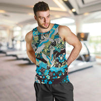 Japanese Hawaiian Crane Men Tank Top Blue Tapa Patchwork Pattern