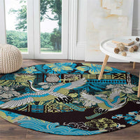 Japanese Hawaiian Crane Round Carpet Blue Tapa Patchwork Pattern