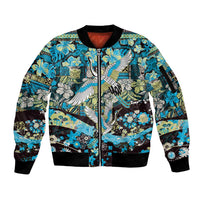 Japanese Hawaiian Crane Sleeve Zip Bomber Jacket Blue Tapa Patchwork Pattern