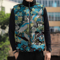 Japanese Hawaiian Crane Sleeveless Puffer Jacket Blue Tapa Patchwork Pattern