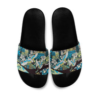 Japanese Hawaiian Crane Slide Sandals Blue Tapa Patchwork Pattern