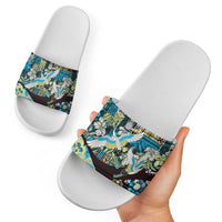 Japanese Hawaiian Crane Slide Sandals Blue Tapa Patchwork Pattern
