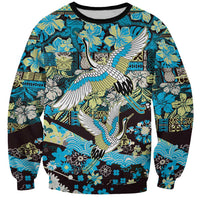 Japanese Hawaiian Crane Sweatshirt Blue Tapa Patchwork Pattern