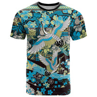 Japanese Hawaiian Crane T Shirt Blue Tapa Patchwork Pattern