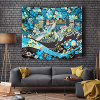 Japanese Hawaiian Crane Tapestry Blue Tapa Patchwork Pattern