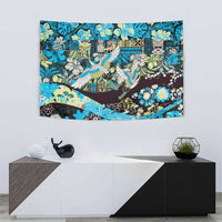 Japanese Hawaiian Crane Tapestry Blue Tapa Patchwork Pattern
