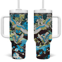 Japanese Hawaiian Crane Tumbler With Handle Blue Tapa Patchwork Pattern