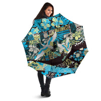 Japanese Hawaiian Crane Umbrella Blue Tapa Patchwork Pattern