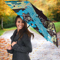 Japanese Hawaiian Crane Umbrella Blue Tapa Patchwork Pattern