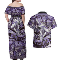 Japanese Hawaiian Crane Couples Matching Off Shoulder Maxi Dress and Hawaiian Shirt Purple Tapa Patchwork Pattern