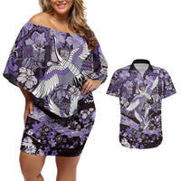 Japanese Hawaiian Crane Couples Matching Off Shoulder Short Dress and Hawaiian Shirt Purple Tapa Patchwork Pattern