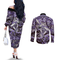 Japanese Hawaiian Crane Couples Matching Off The Shoulder Long Sleeve Dress and Long Sleeve Button Shirt Purple Tapa Patchwork Pattern