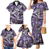 Japanese Hawaiian Crane Family Matching Mermaid Dress and Hawaiian Shirt Purple Tapa Patchwork Pattern