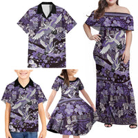 Japanese Hawaiian Crane Family Matching Off Shoulder Maxi Dress and Hawaiian Shirt Purple Tapa Patchwork Pattern