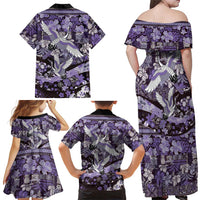 Japanese Hawaiian Crane Family Matching Off Shoulder Maxi Dress and Hawaiian Shirt Purple Tapa Patchwork Pattern
