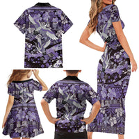 Japanese Hawaiian Crane Family Matching Short Sleeve Bodycon Dress and Hawaiian Shirt Purple Tapa Patchwork Pattern
