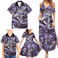 Japanese Hawaiian Crane Family Matching Summer Maxi Dress and Hawaiian Shirt Purple Tapa Patchwork Pattern