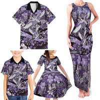 Japanese Hawaiian Crane Family Matching Tank Maxi Dress and Hawaiian Shirt Purple Tapa Patchwork Pattern