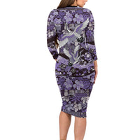 Japanese Hawaiian Crane Long Sleeve Bodycon Dress Purple Tapa Patchwork Pattern