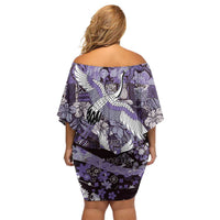 Japanese Hawaiian Crane Off Shoulder Short Dress Purple Tapa Patchwork Pattern