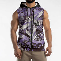 Japanese Hawaiian Crane Sleeveless Zip Hoodie Purple Tapa Patchwork Pattern