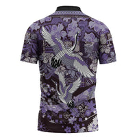 Japanese Hawaiian Crane Zipper Polo Shirt Purple Tapa Patchwork Pattern