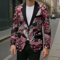 Japanese Hawaiian Crane Blazer Soft Pink Tapa Patchwork Pattern